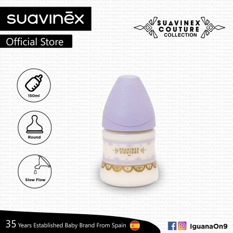 Suavinex Couture Collection BPA Free 150ml Wide Neck Baby Feeding Bottle with Round Teat (Light Purp