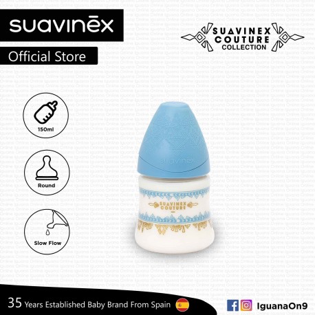 Suavinex Couture Collection BPA Free 150ml Wide Neck Baby Feeding Bottle with Round Teat (Light Blue