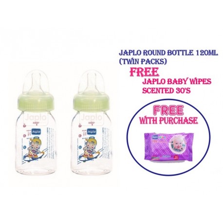 Japlo Round 120Ml Feeding Bottle + FREE Japlo Baby Wipes Scented 30's