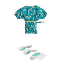 (Bundle Deal) Tidy Tot Short Sleeve Cover and Catch Coverall Bib + Doddl Children's Spoon, Fork, Knife for Toddler (Aqua)