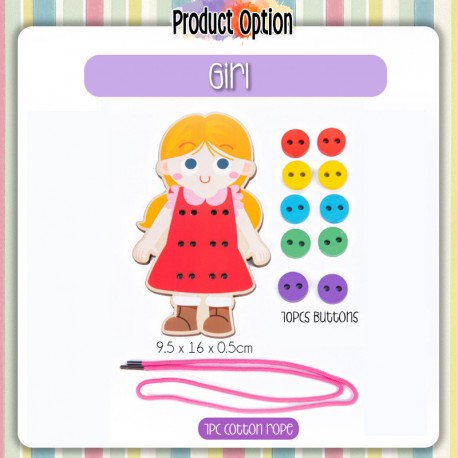 Little B House Wooden Sew-on Buttons Lacing Board String Clasp Threading Button Up Game Mainan Montessori - BT29
