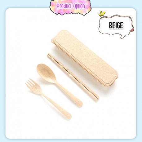 Little B House Wheat Cutlery 3PCS Portable Tableware Reusable Wheat Cutlery Set Box Sudu Garpu Penyepit - KW46