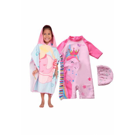 Little Two Kids Swimwear Unicorn Design + Hood Towel Mermaid BluePink (1y-6y)