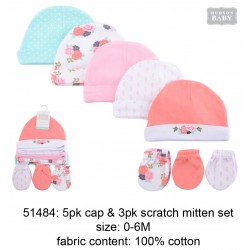 Hudson Baby 5pcs Caps and 3pairs Scratch Mitten Set - Pink