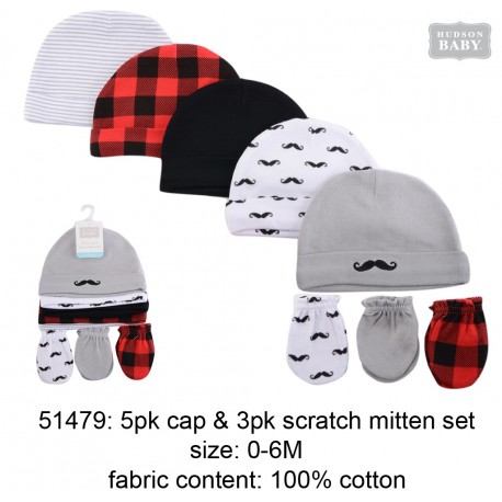 Hudson Baby 5pss Caps and 3pairs Scratch Mitten Set - Grey Mustacle