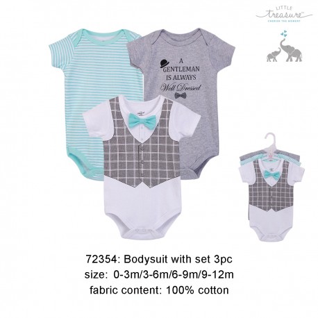 Little Treasure Hanging Short Sleeve Interlock Baby Suits (3pcs) - 72354
