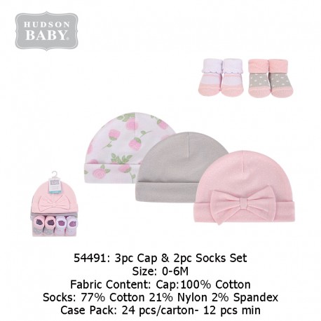 Hudson Baby 3pc Caps & 2pc Socks Set - 54491