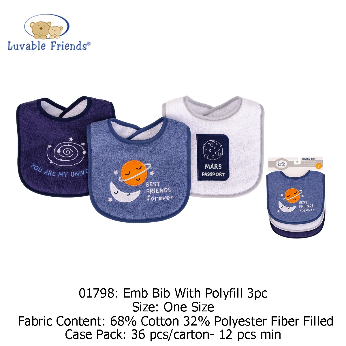 Luvable Friends Emb Bib with Polyfill 3pk - 01798 | Bibs  Burp Cloths