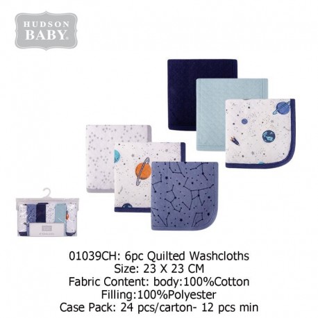 Hudson Baby 6pc Quilted Wash Cloths (6's/Pack) 01039