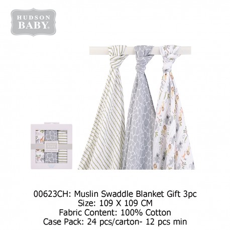 Hudson Baby Muslin Swaddle Blanket (3's/Pack) 00623