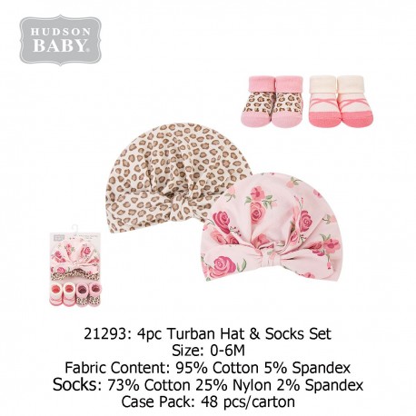 Hudson Baby 4pc Turban Hat & Sock Set (size 0-6M) 21293