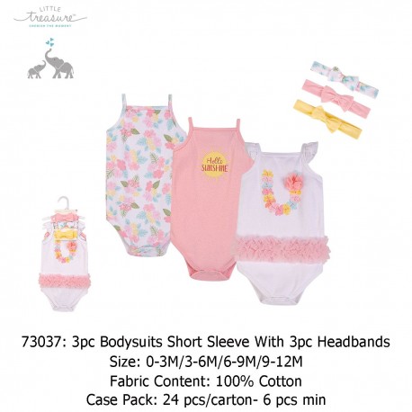 Little Treasure 3Pcs Bodysuits Short Sleeve With 3Pcs Headbands 73037