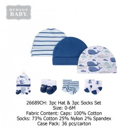 Hudson Baby 3pc Hat & 3pc Sock Set (size 0-6M) 26689