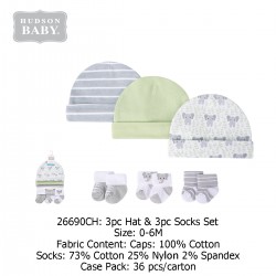 Hudson Baby 3pc Hat & 3pc Sock Set (size 0-6M) 26690