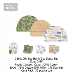 Hudson Baby 3pc Hat & 3pc Sock Set (size 0-6M) 26691