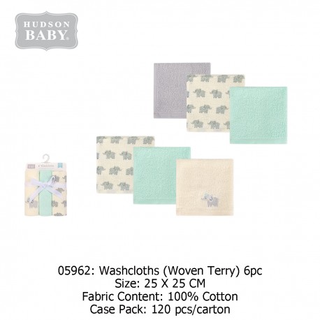 Hudson Baby 6Pc Washcloths (Woven Terry) 05962/05963/05964/05965/05967/57145/57856/57857
