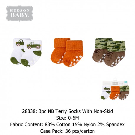 Hudson Baby 3Pc NB Terry Socks With Non-Skid 28838/28839/28842/28846