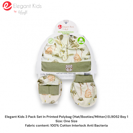 Elegant Kids 3 Pack Baby Set In Printed Polybag (Hat,Booties,Mitten) EL9052