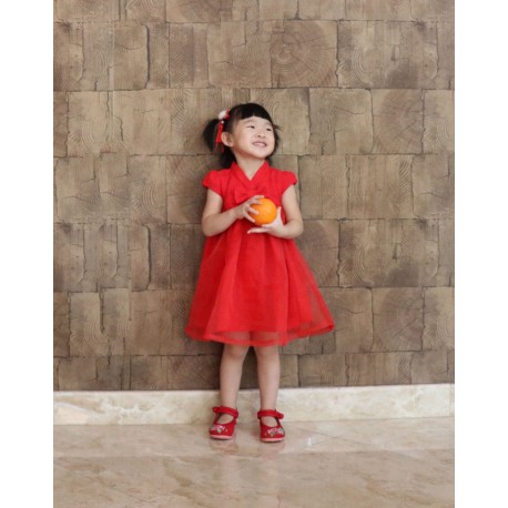 Kiwi Kiwi Chinese New Year Flare Dress with Korean Lace for Kids