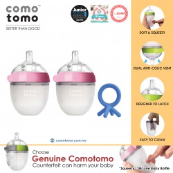 Comotomo Natural Feel Anti-Bacterial Heat Resistance Silicon Baby Bottle 150ml Twin Pack (Pink) & Silicon Teether (Blue)