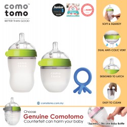 Comotomo Natural Feel Anti-Bacterial Heat Resistance Silicon Baby Bottle Set (Green) & Silicon Teether Set (Blue)