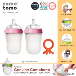 Comotomo Natural Feel Anti-Bacterial Heat Resistance Silicon Baby Bottle 250ml Twin Pack (Pink) & Silicon Teether (Orange)