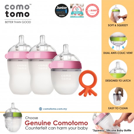 Comotomo Natural Feel Anti-Bacterial Heat Resistance Silicon Baby Bottle Set (Pink) & Silicone Teether (Orange)