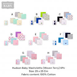 Hudson Baby 6Pc Washcloths (Woven Terry) 05962/05963/05964/05965/05967/57145/57856/57857
