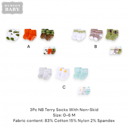 Hudson Baby 3Pc NB Terry Socks With Non-Skid 28838/28839/28842/28846