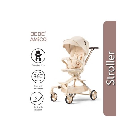 Bebe Amico Two Ways Facing Stroller X7- Black/ Khaki Beige