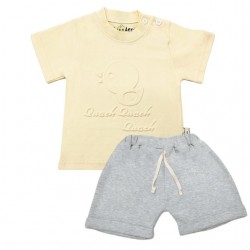 Trendyvalley Organic Cotton Kids & Baby Outing wear Short Sleeve Shirt TShirt Short Pants Duck - Cream+ Grey