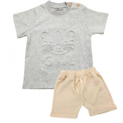 Trendyvalley Organic Cotton Kids & Baby Outing wear Short Sleeve Shirt TShirt Short Pants Growl -Grey+Brown