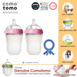 Comotomo Natural Feel Anti-Bacterial Heat Resistance Silicon Baby Bottle 250ml Twin Pack (Pink) & Silicon Teether (Blue)