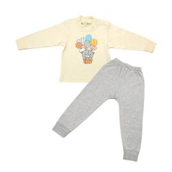 Trendyvalley 4-10Y Organic Cotton Long Sleeve and Long Pant Pyjamas SleepWear Printed Beechy Balloon Bear (Grey)