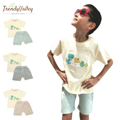 Trendyvalley 3M-3Y Gelvano Organic Cotton Outing Wear Short Sleeve Short Pants Dino Jiji and Baby (Brown)