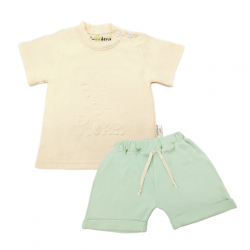 Trendyvalley Organic Cotton Kids & Baby Outing wear Short Sleeve Shirt TShirt Short Pants Roar-Cream+Green