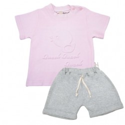 Trendyvalley Organic Cotton Kids & Baby Outing wear Short Sleeve Shirt TShirt Short Pants Duck -Pink +Grey