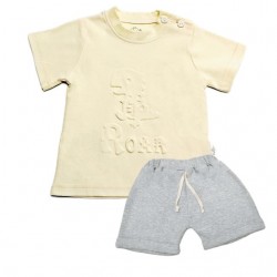 Trendyvalley Organic Cotton Kids & Baby Outing wear Short Sleeve Shirt TShirt Short Pants Roar -Cream+Grey