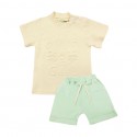 Trendyvalley Organic Cotton Kids & Baby Outing wear Short Sleeve Shirt TShirt Short Pants Growl -Cream+Green