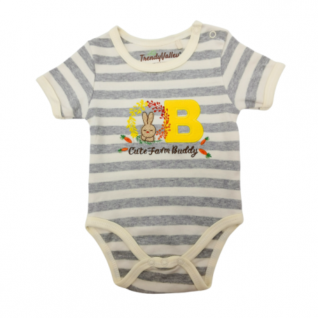 Trendyvalley Organic Cotton Short Sleeve Baby Romper (Bunny Grey Stripe)
