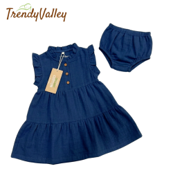 Trendyvalley Gauze Organic Cotton Baby Girl Gauze Button Dress (BLUE)