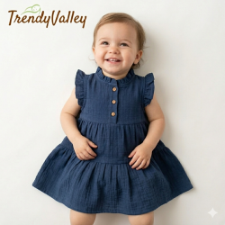 Trendyvalley Gauze Organic Cotton Baby Girl Gauze Button Dress (BLUE)