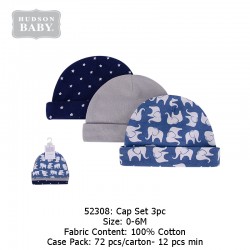 Hudson Baby 3pcs New Born Baby Caps - Blue Elephant (52308)