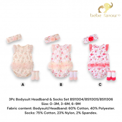 3Pc Bodysuit Headband & Socks Baby Set BS11304/BS11305/BS11306